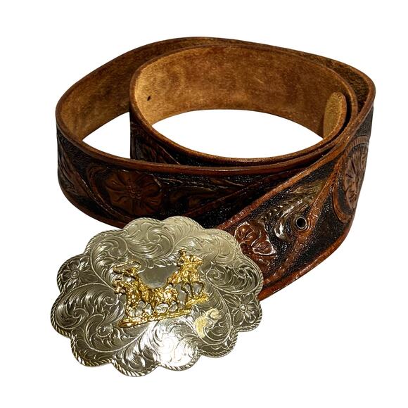 Vintage Montana Silversmiths Statement Buckle & Hand Tooled Brown Leather Belt - Picture 3 of 12